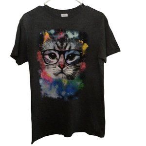 CAT IN GLASSES DARK GRAY GRAPHIC TEE SIZE MEDIUM
